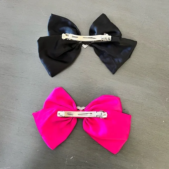 Black Satin Rhinestone Heart Coquette Preppy 8.5" Bow Snap Barrette Hair Clip - Picture 3 of 7